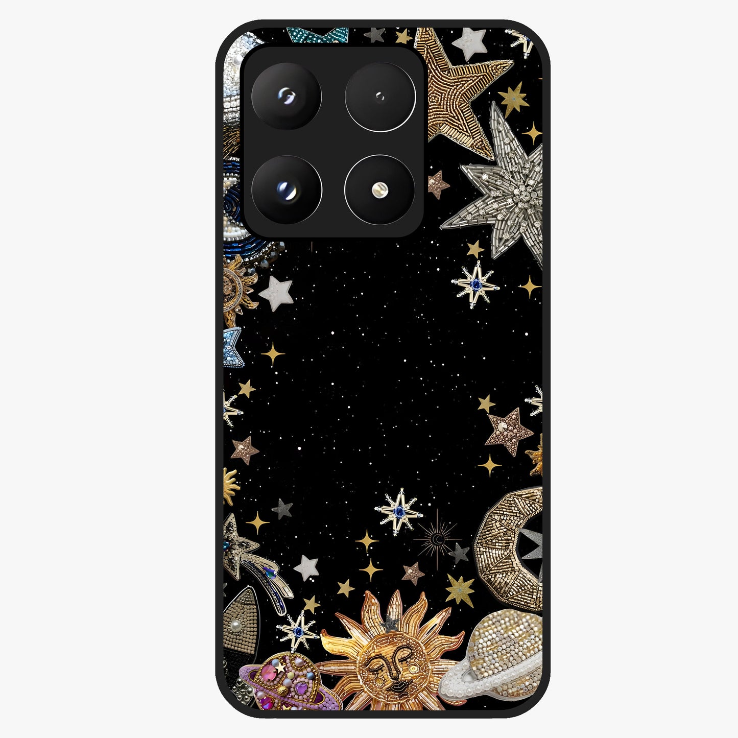 Galactic Jewel Stars Glass Case showing flat back view with sparkling star jewel artwork and glossy glass finish.