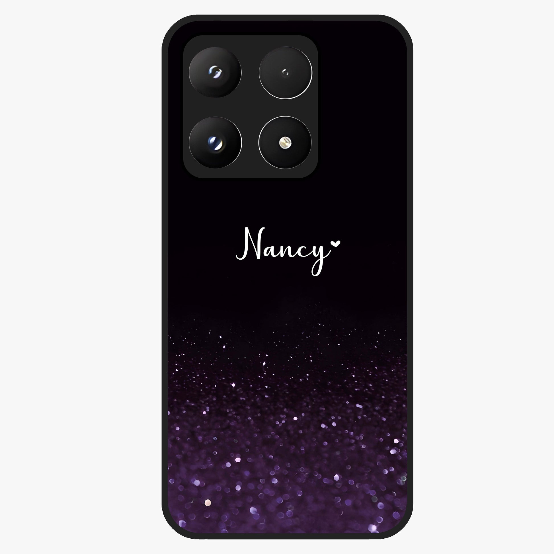 Glittery Purple Bokeh Custom Name Glass Case showing flat back view with purple bokeh sparkle artwork and personalized name design.