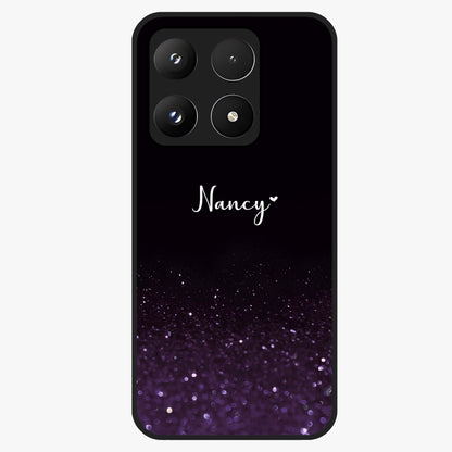 Glittery Purple Bokeh Custom Name Glass Case showing flat back view with purple bokeh sparkle artwork and personalized name design.