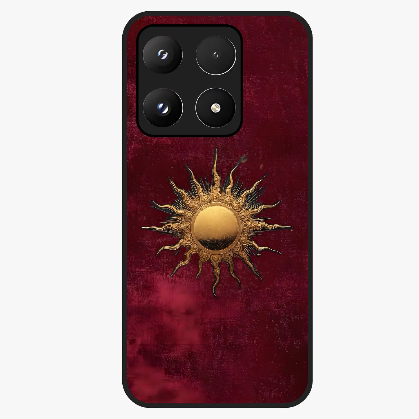 Gold Sun Blush Glass Case showing flat back view with golden sun inspired artwork and glossy glass finish.