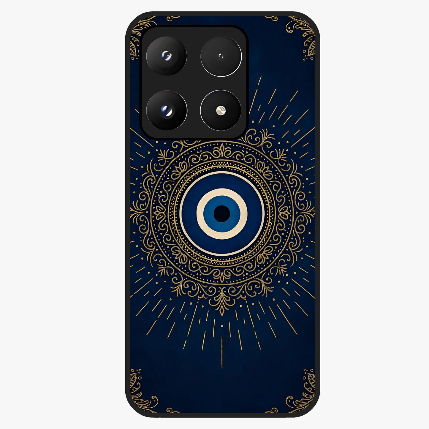 Golden Evil Eye Mandala Glass Case showing flat back view with intricate evil eye mandala artwork and glossy glass finish.