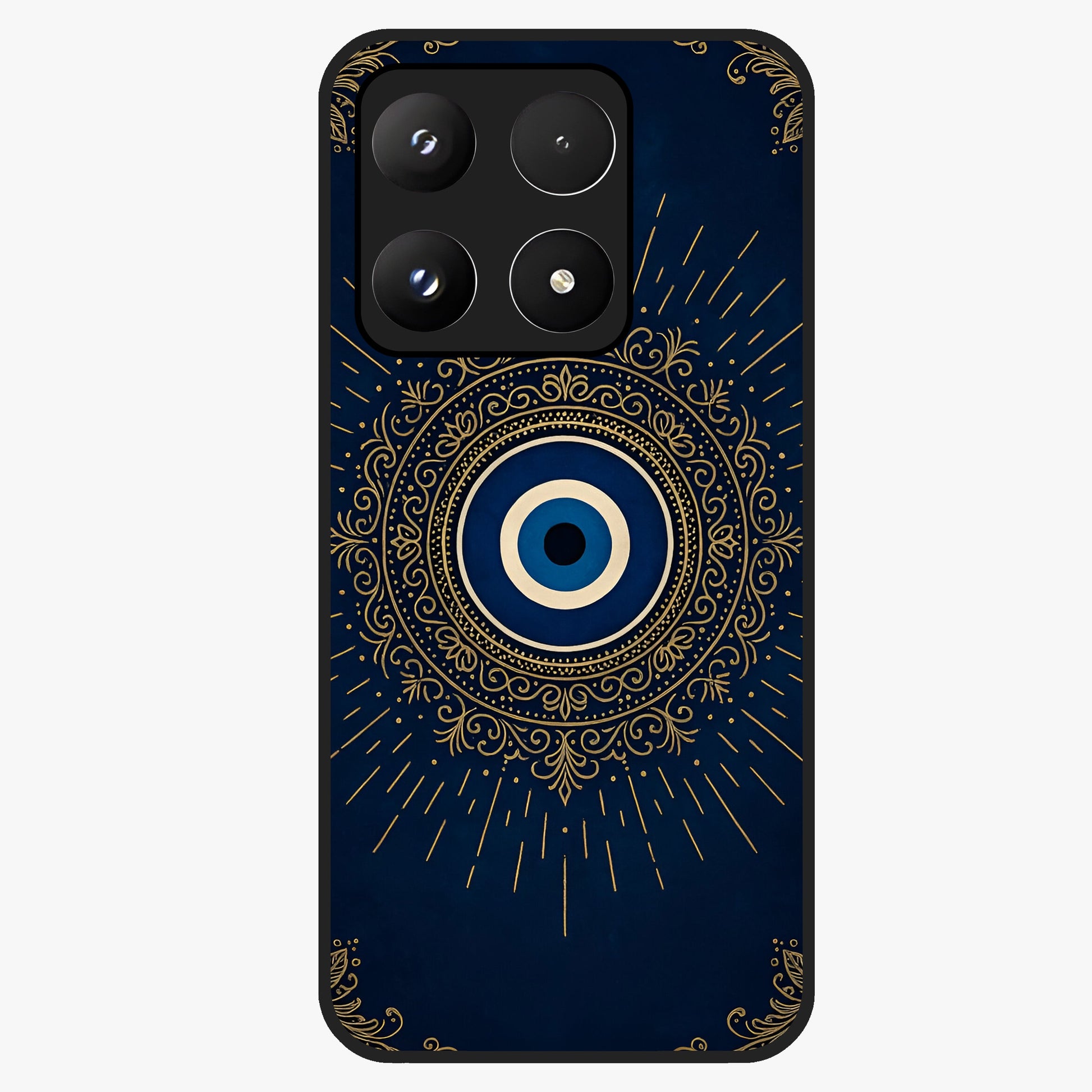 Golden Evil Eye Mandala Glass Case showing flat back view with intricate evil eye mandala artwork and glossy glass finish.