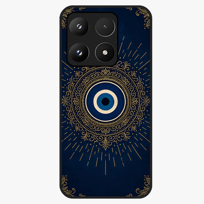 Golden Evil Eye Mandala Glass Case showing flat back view with intricate evil eye mandala artwork and glossy glass finish.