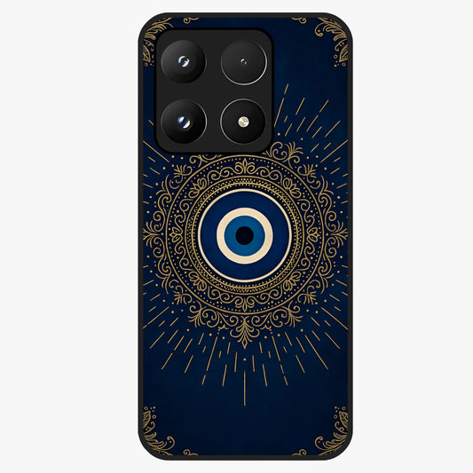 Golden Evil Eye Mandala Glass Case showing flat back view with intricate evil eye mandala artwork and glossy glass finish.