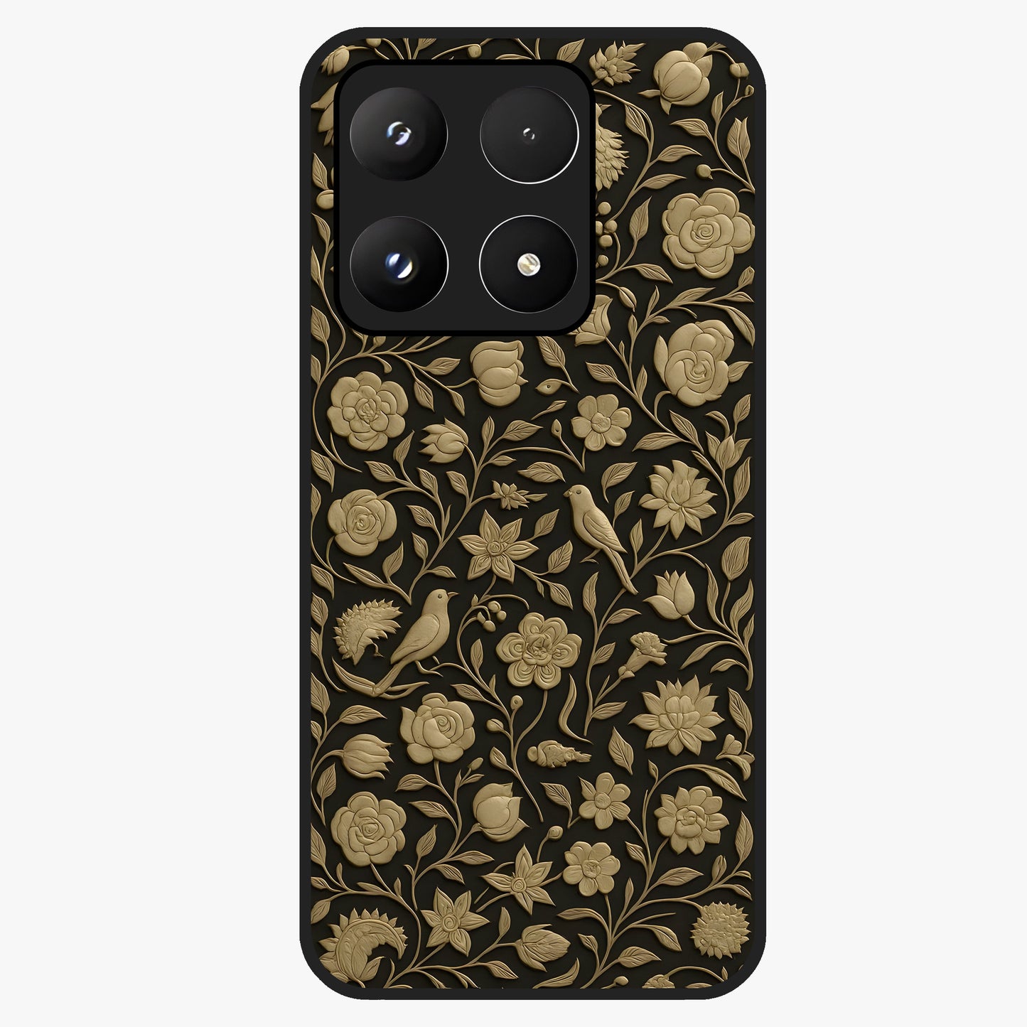 Golden Floral Majesty Glass Case showing flat back view with luxurious golden floral artwork and glossy glass finish.