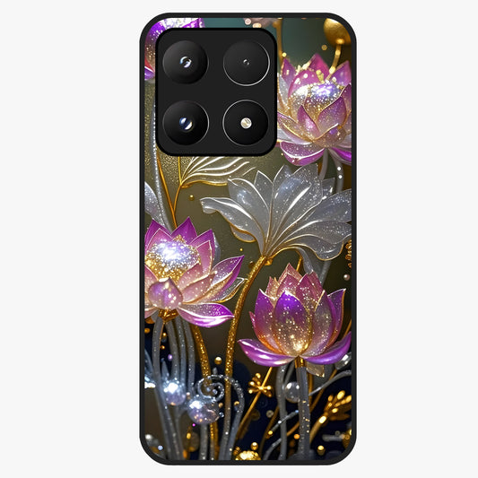 Golden Lotus Glow Glass Case showing flat back view with glowing lotus flower artwork and glossy glass finish.
