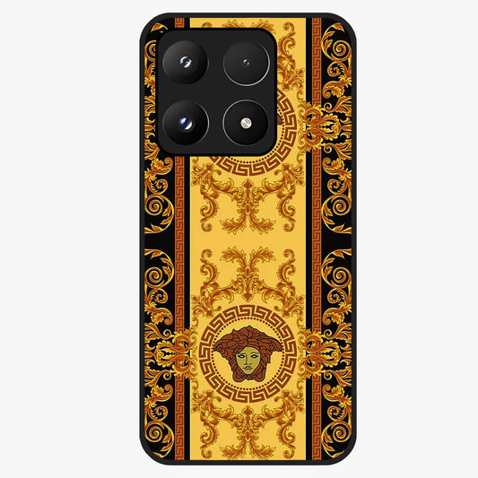 Golden Royal Heritage Glass Case showing flat back view with ornate royal pattern artwork and glossy glass finish.