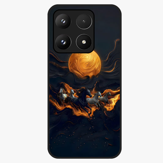 Golden Stallion Moonride Glass Case showing flat back view with majestic horse under moonlight artwork and glossy glass finish.