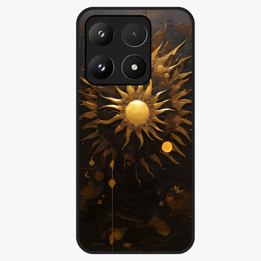 Golden Sun Majesty Glass Case showing flat back view with radiant golden sun artwork and glossy glass finish.