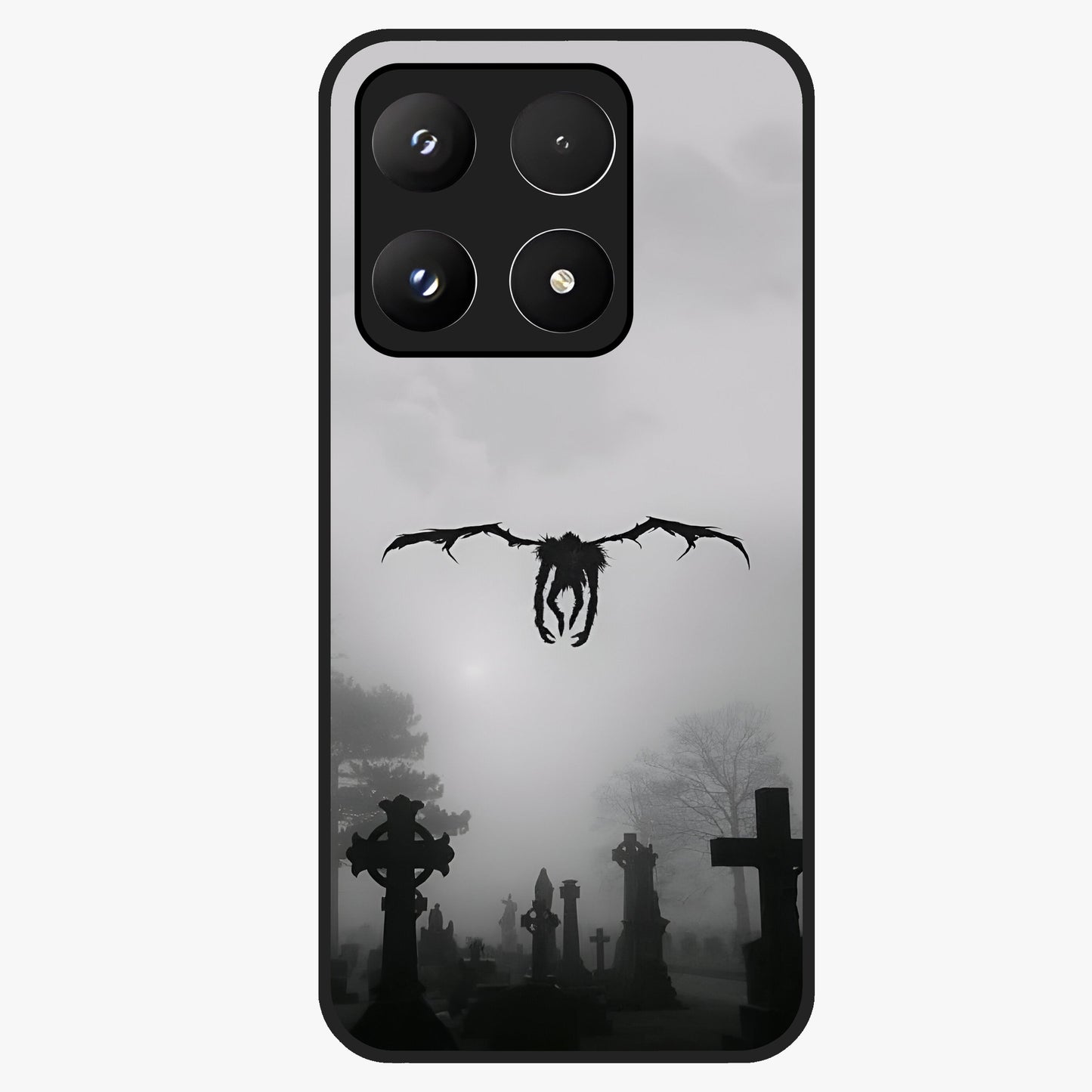Graveyard Shadow Descent Glass Case showing flat back view with dark graveyard themed artwork and glossy glass finish.