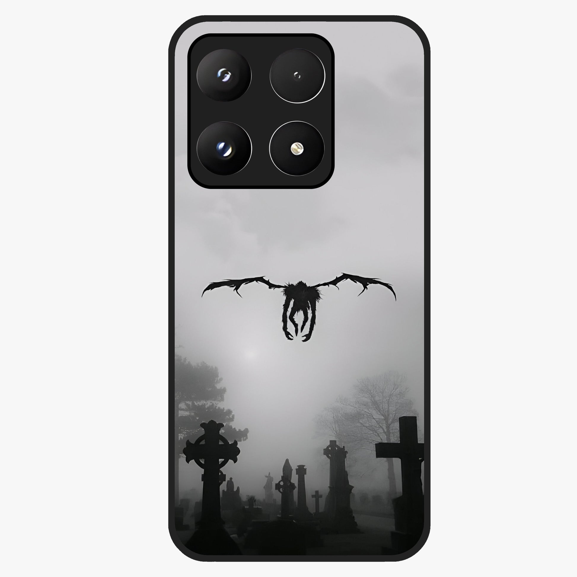 Graveyard Shadow Descent Glass Case showing flat back view with dark graveyard themed artwork and glossy glass finish.