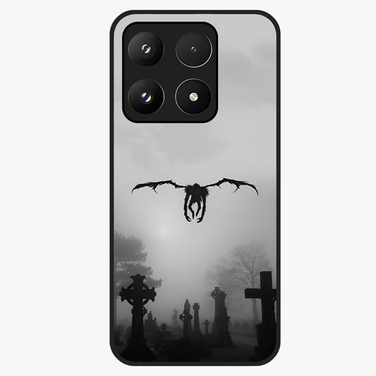 Graveyard Shadow Descent Glass Case showing flat back view with dark graveyard themed artwork and glossy glass finish.