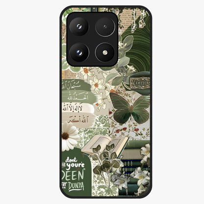 Green Islamic Books Quotes Glass Case showing flat back view with Islamic quotes and book themed artwork and glossy glass finish.
