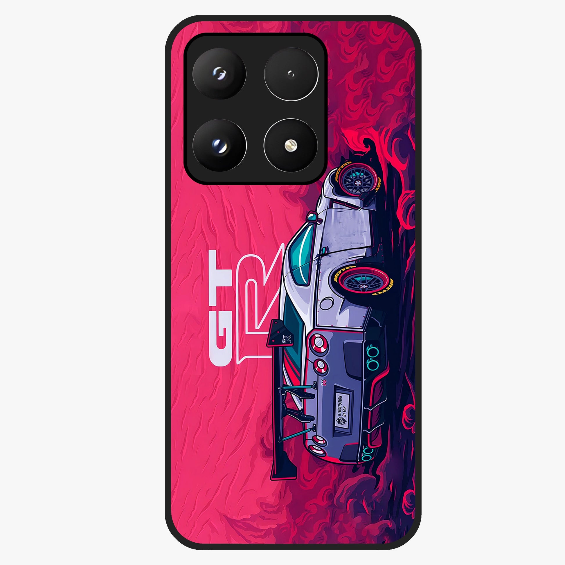 GT-R Car Pattern Glass Case showing flat back view with sporty car inspired pattern artwork and glossy glass finish.