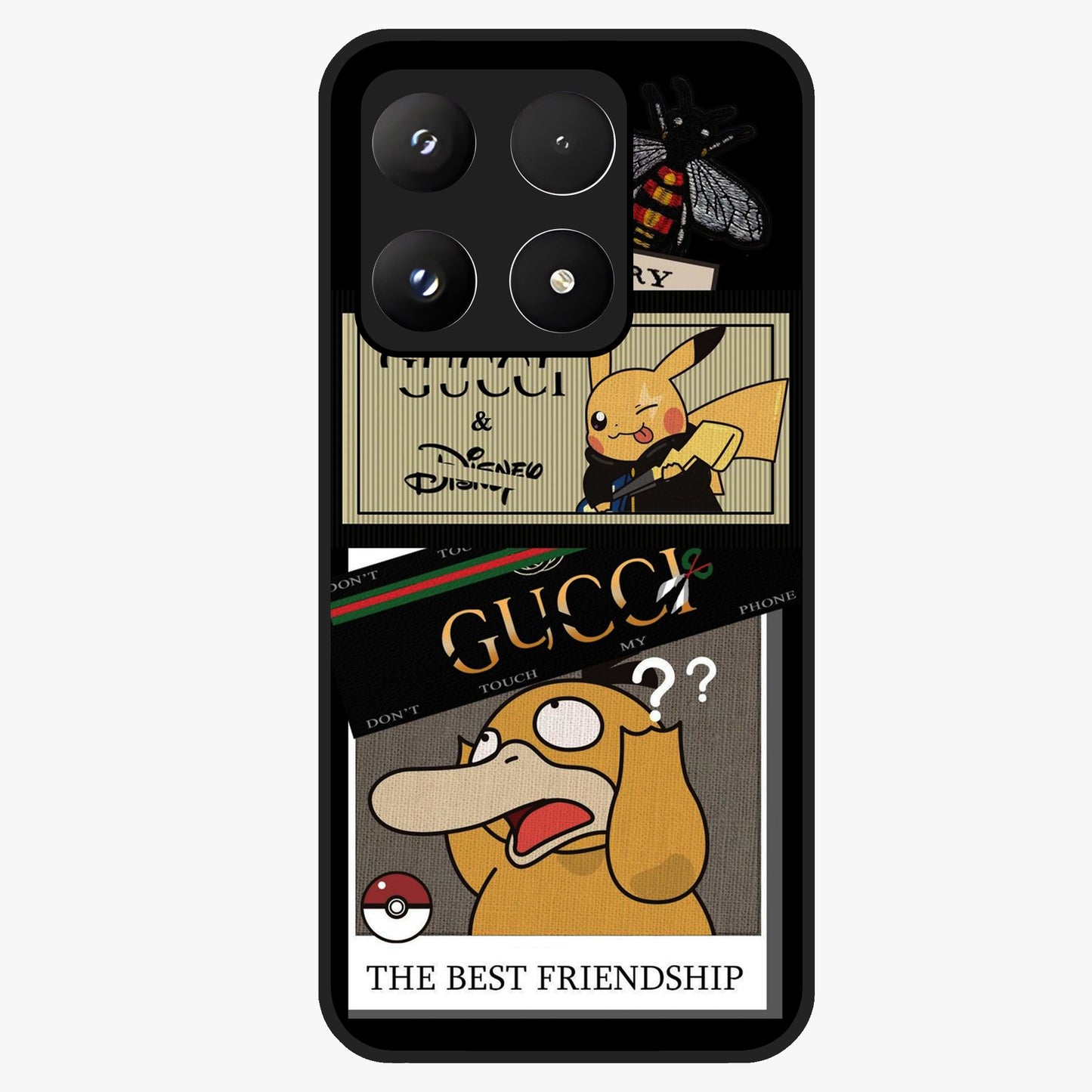 Gucci Play Mashup Glass Case showing flat back view with luxury inspired graphic artwork and glossy glass finish.