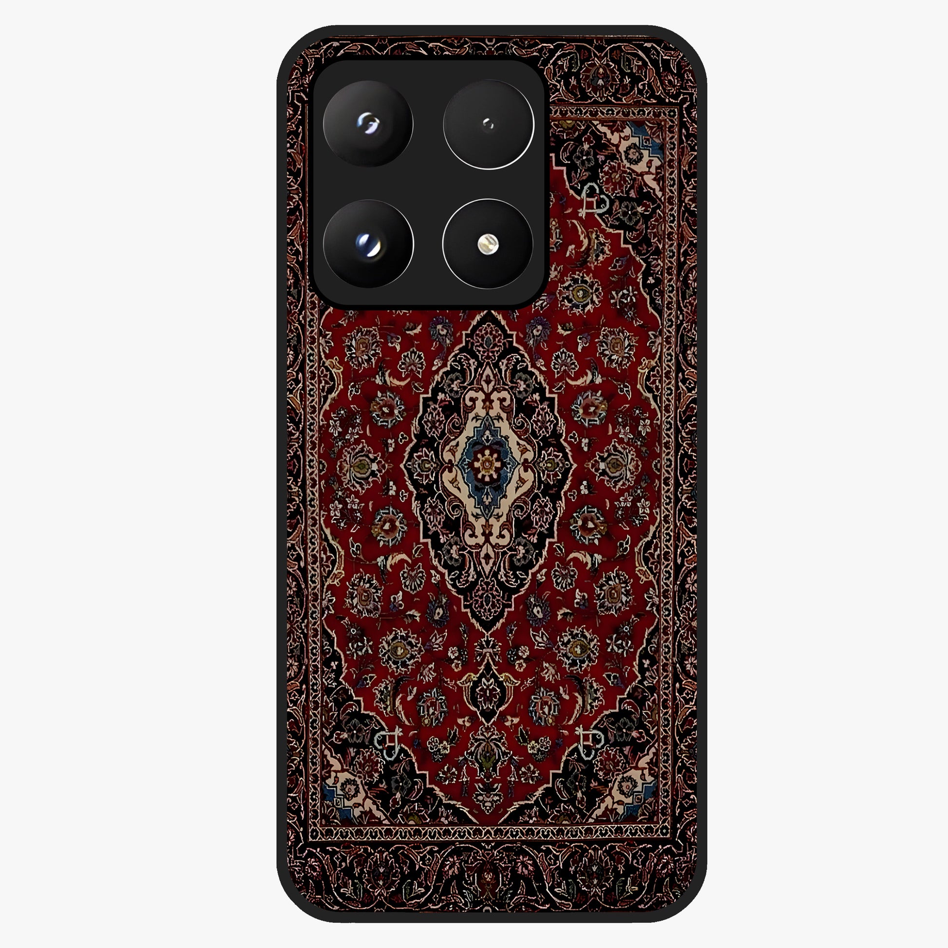 Heritage Carpet Royale Glass Case showing flat back view with ornate Persian carpet inspired pattern and glossy glass finish.
