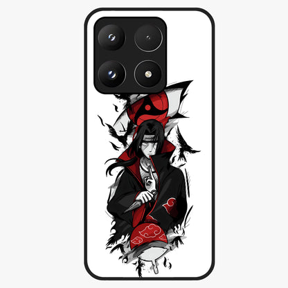 Itachi Sharingan Glass Case showing flat back view with powerful anime eye artwork and glossy glass finish.
