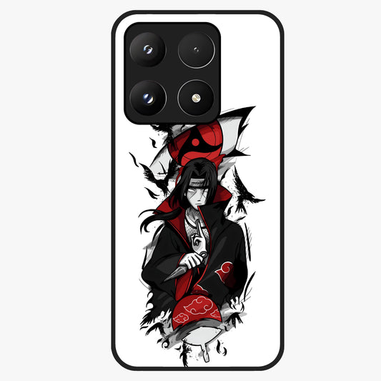 Itachi Sharingan Glass Case showing flat back view with powerful anime eye artwork and glossy glass finish.