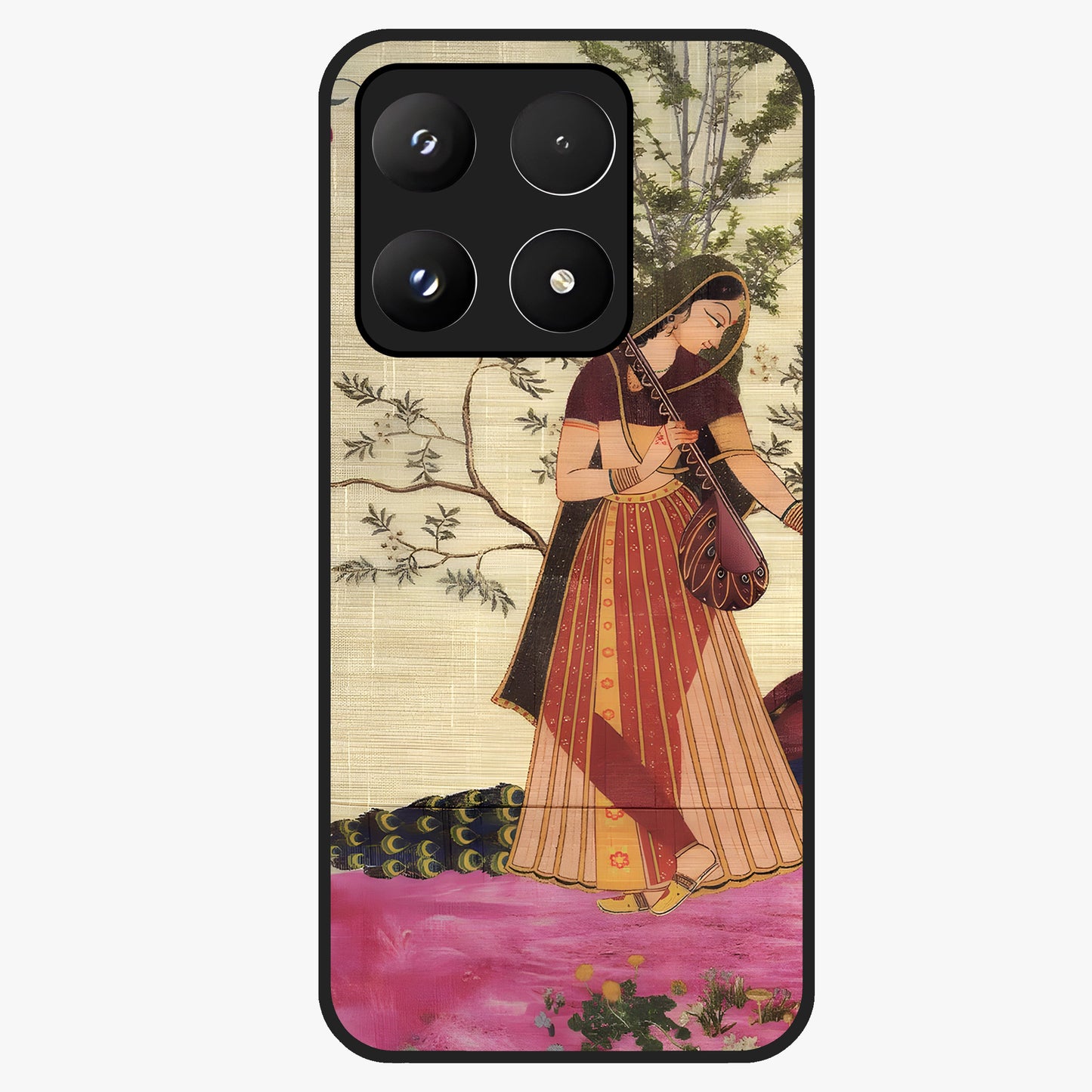 Lady With Veena Art Glass Case showing flat back view with elegant woman playing veena artwork and glossy glass finish.
