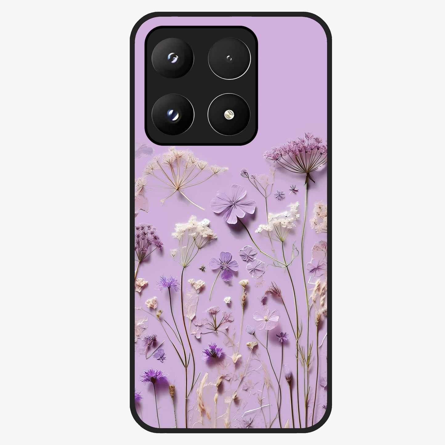 Lavender Blossom Dream Glass Case showing flat back view with soft lavender floral artwork and glossy glass finish.