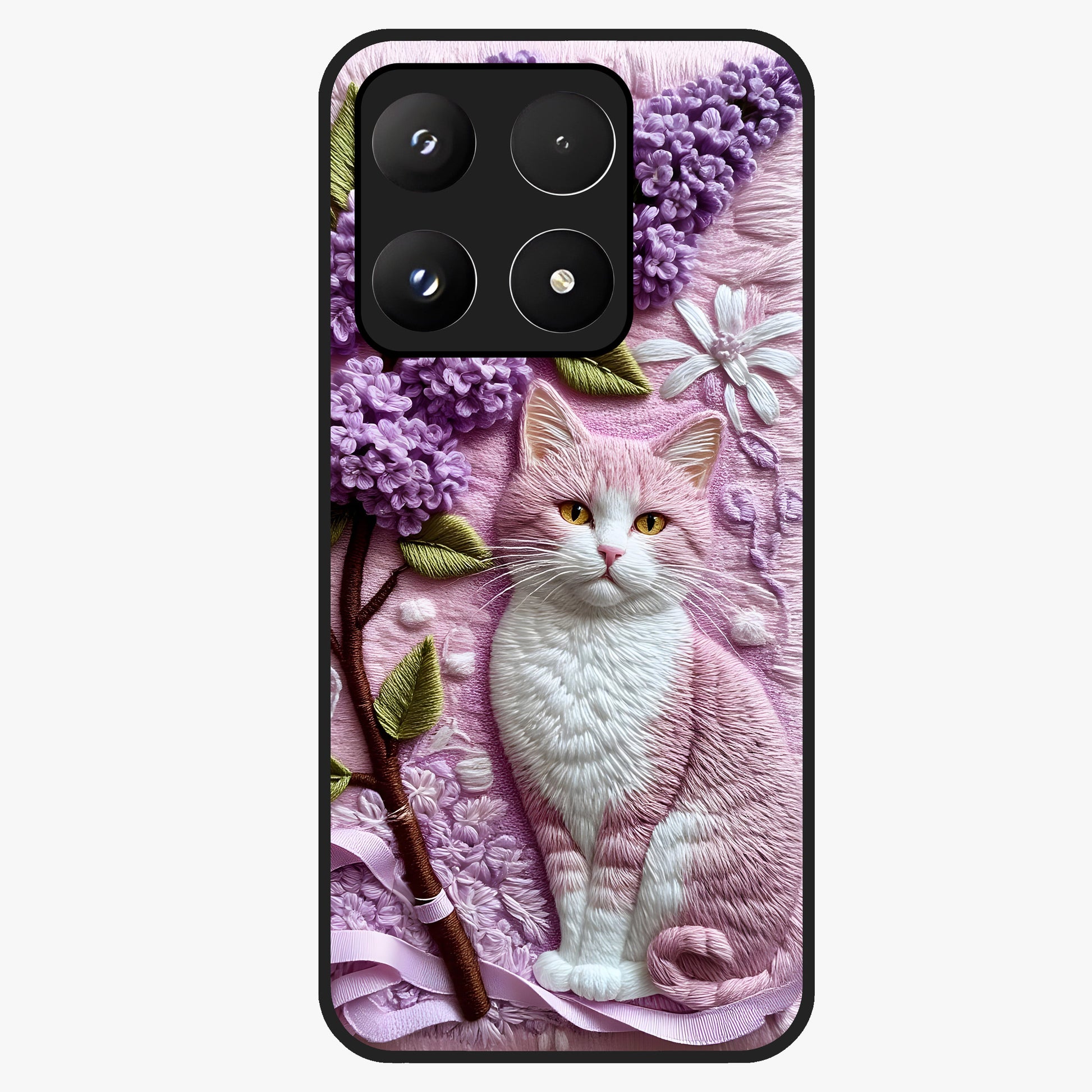 Lavender Cat Whimsy Glass Case showing flat back view with cute lavender cat artwork and glossy glass finish.