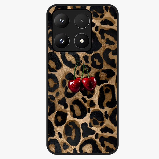 Leopard Wild Cherry Glass Case showing flat back view with leopard pattern and cherry artwork and glossy glass finish.