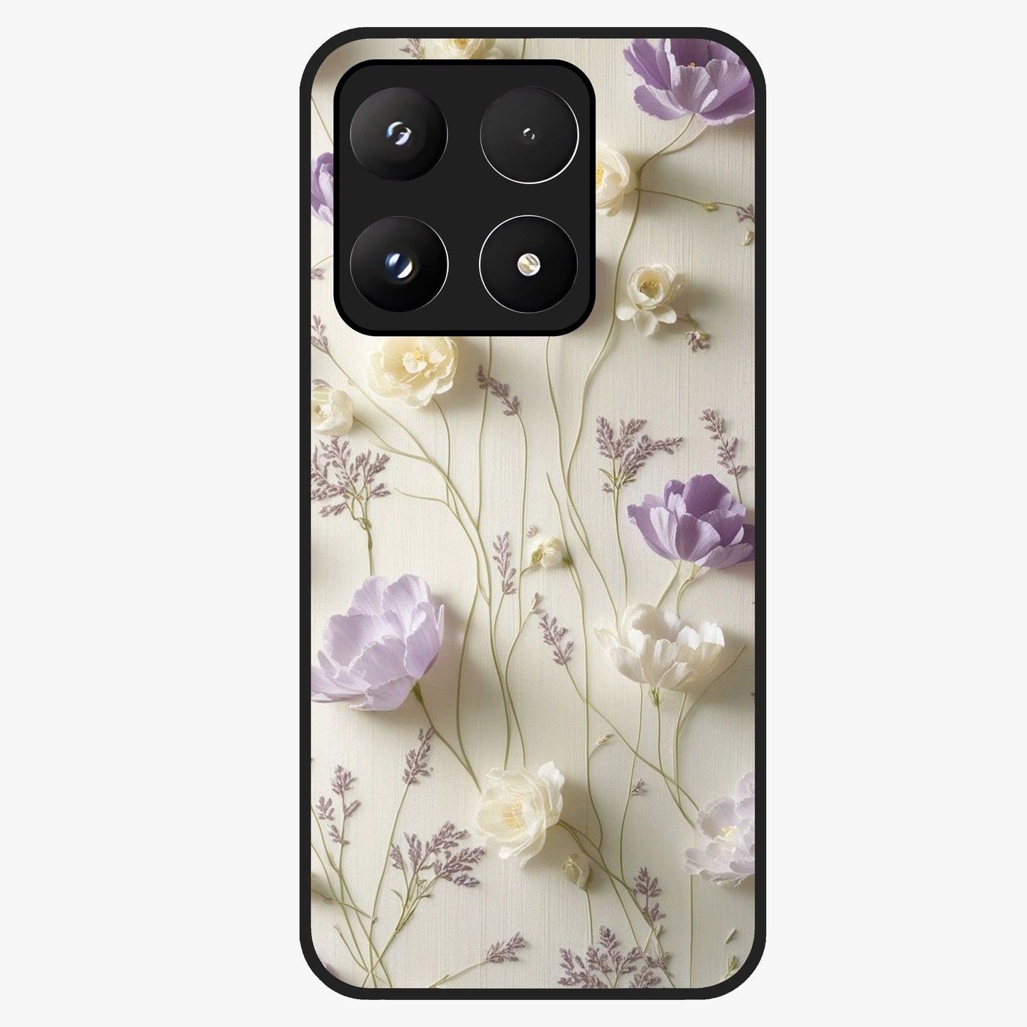 Lilac Breeze Harmony Glass Case showing flat back view with soft lilac themed artwork and glossy glass finish.