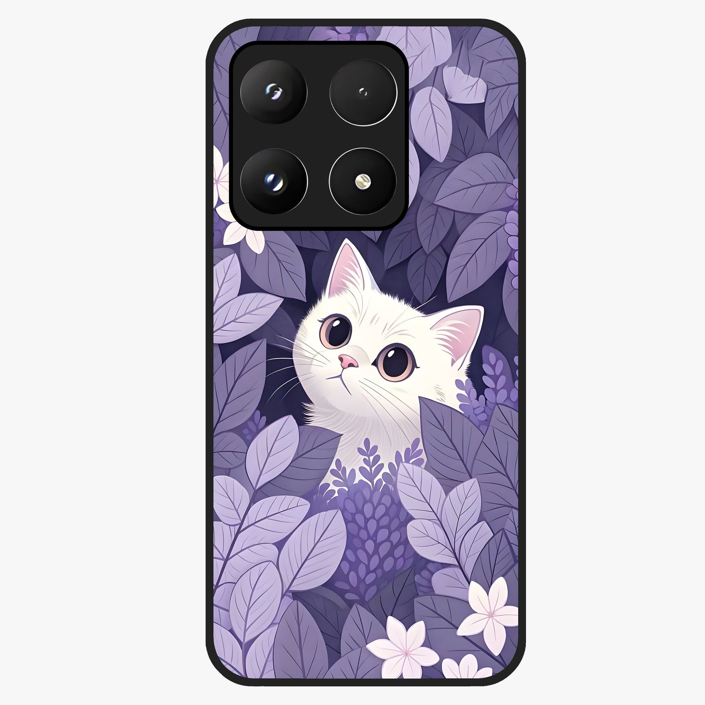 Lilac Hide Peek Cat Glass Case showing flat back view with cute peeking cat artwork and glossy glass finish.