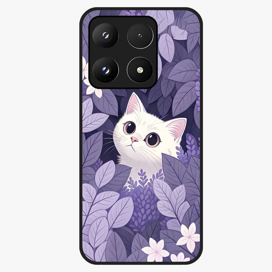 Lilac Hide Peek Cat Glass Case showing flat back view with cute peeking cat artwork and glossy glass finish.