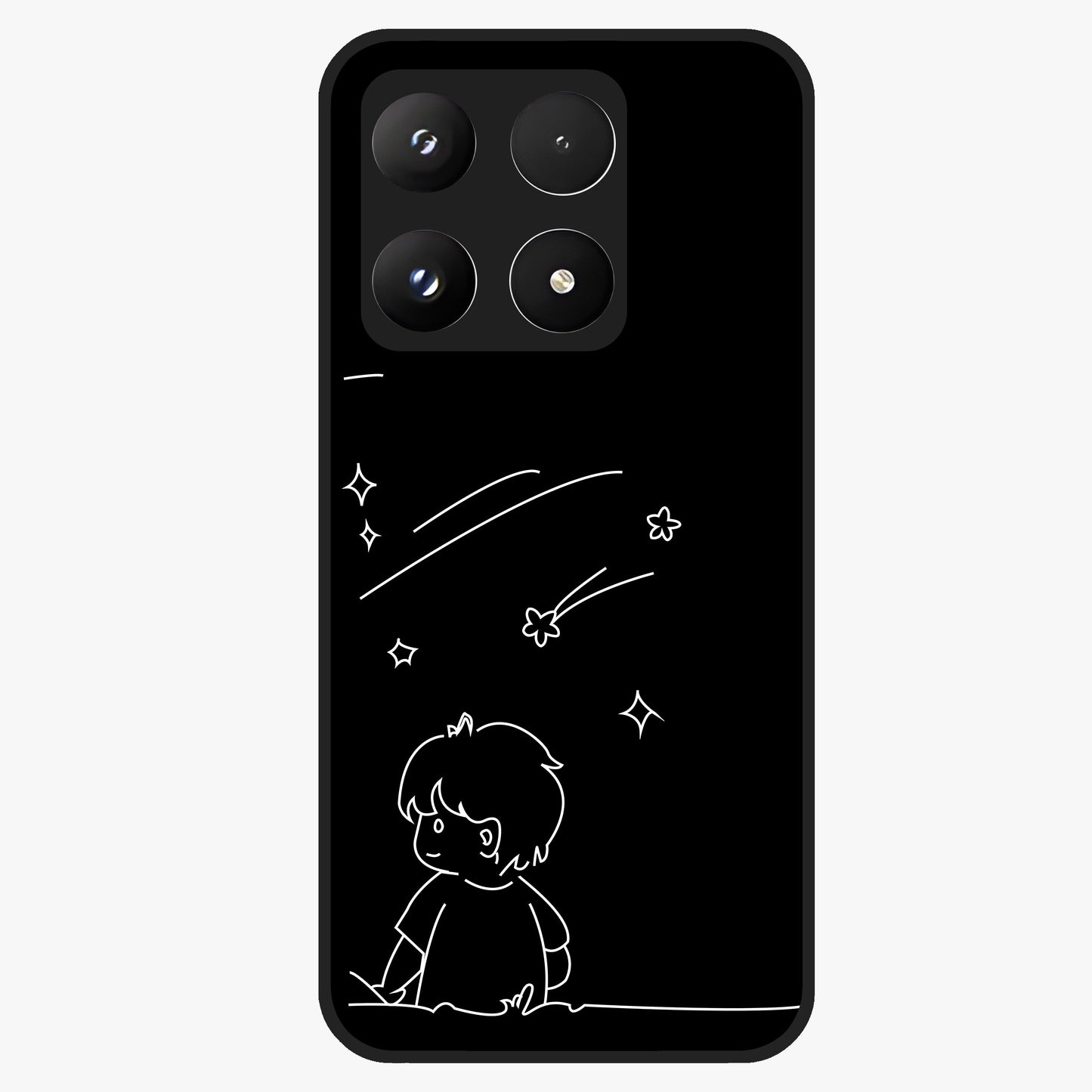 Line Art Boy With Shooting Stars Glass Case showing flat back view with minimal line art boy and shooting stars illustration and glossy glass finish.