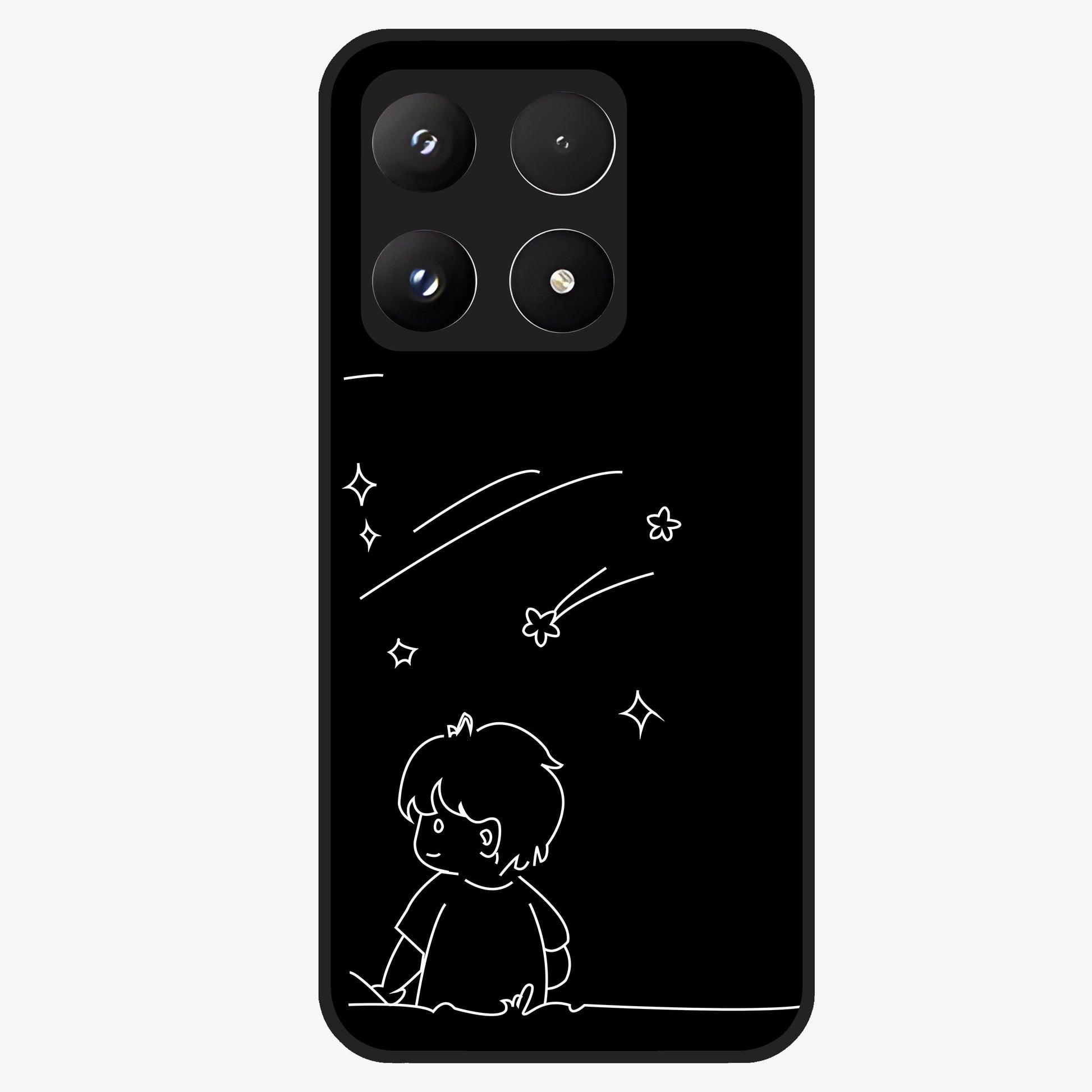 Line Art Boy With Shooting Stars Glass Case showing flat back view with minimal line art boy and shooting stars illustration and glossy glass finish.
