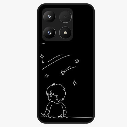 Line Art Boy With Shooting Stars Glass Case showing flat back view with minimal line art boy and shooting stars illustration and glossy glass finish.