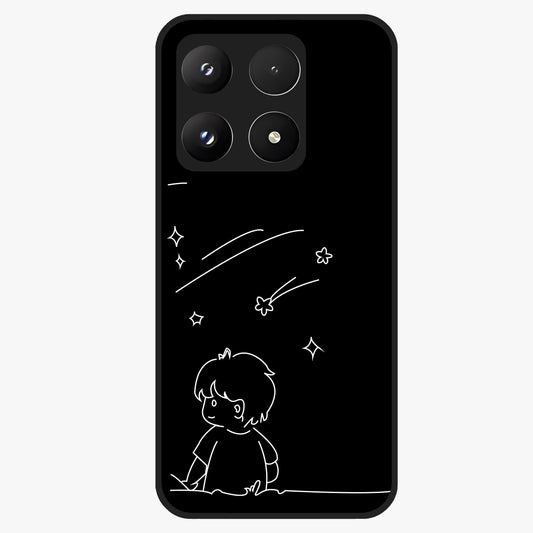 Line Art Boy With Shooting Stars Glass Case showing flat back view with minimal line art boy and shooting stars illustration and glossy glass finish.