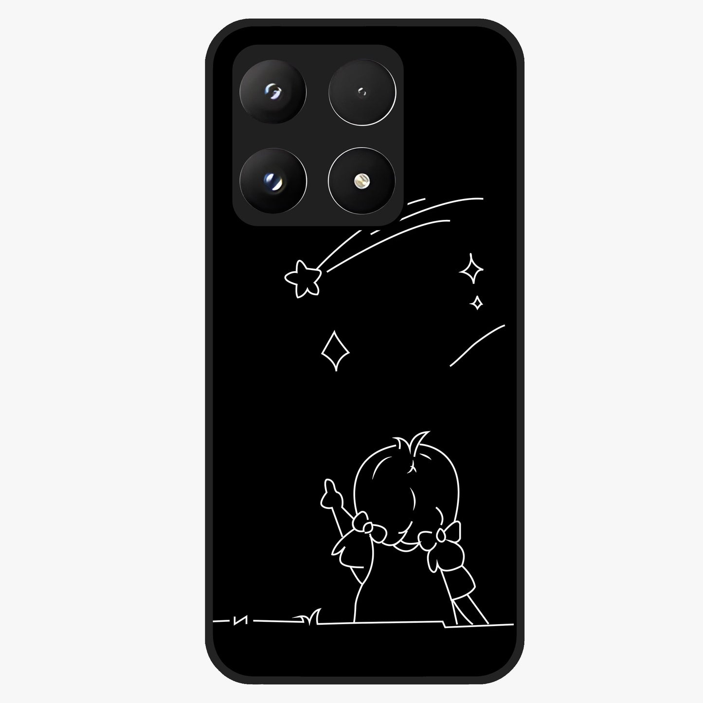 Line Art Girl With Shooting Stars Glass Case showing flat back view with minimal line art girl and shooting stars illustration and glossy glass finish.