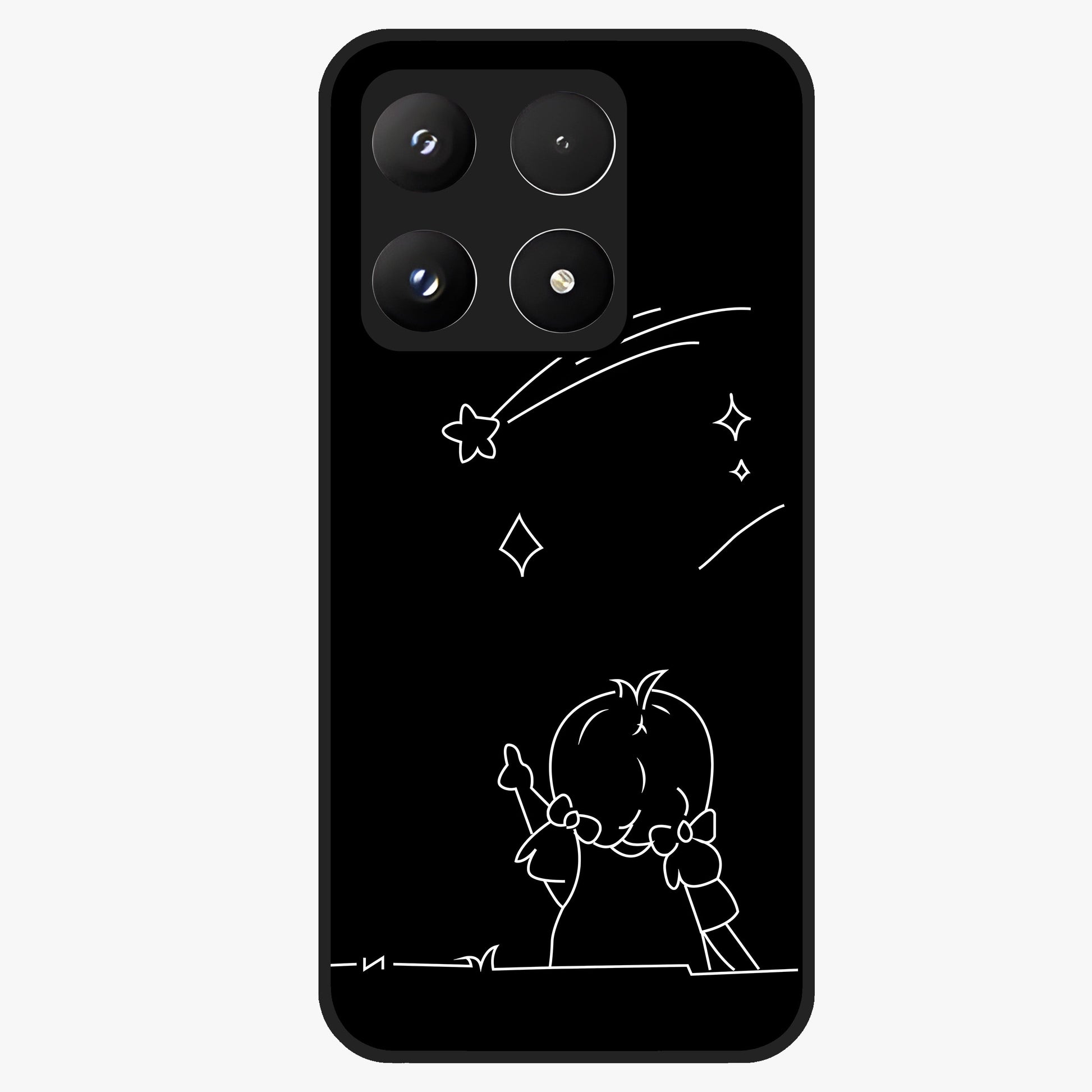 Line Art Girl With Shooting Stars Glass Case showing flat back view with minimal line art girl and shooting stars illustration and glossy glass finish.