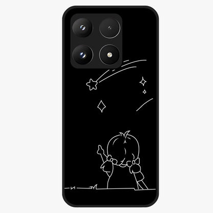 Line Art Girl With Shooting Stars Glass Case showing flat back view with minimal line art girl and shooting stars illustration and glossy glass finish.