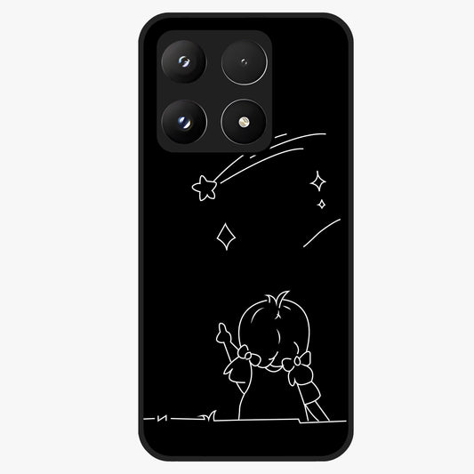 Line Art Girl With Shooting Stars Glass Case showing flat back view with minimal line art girl and shooting stars illustration and glossy glass finish.