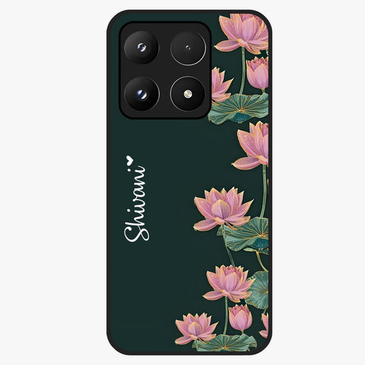 Lotus Bloom Serenity Custom Name Glass Case showing flat back view with elegant lotus flower artwork and personalized name design.