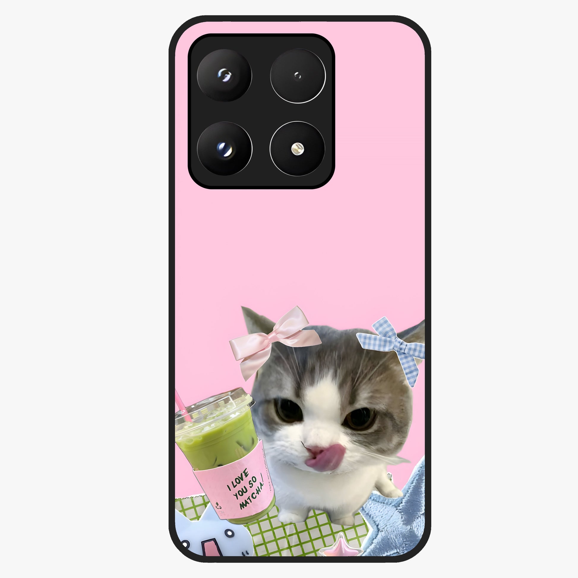 Love Matcha Cat Glass Case showing flat back view with cute cat and matcha themed artwork and glossy glass finish.