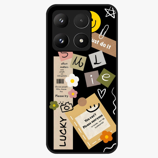 Lucky Aesthetic Collage Glass Case showing flat back view with trendy aesthetic collage artwork and glossy glass finish.