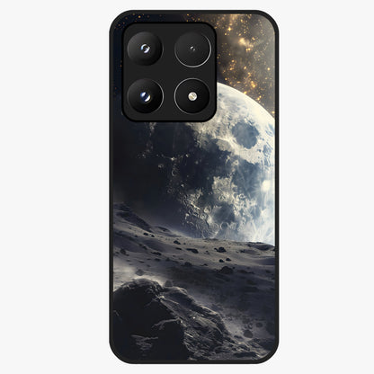 Lunar Horizon Glow Glass Case showing flat back view with glowing moon horizon artwork and glossy glass finish.