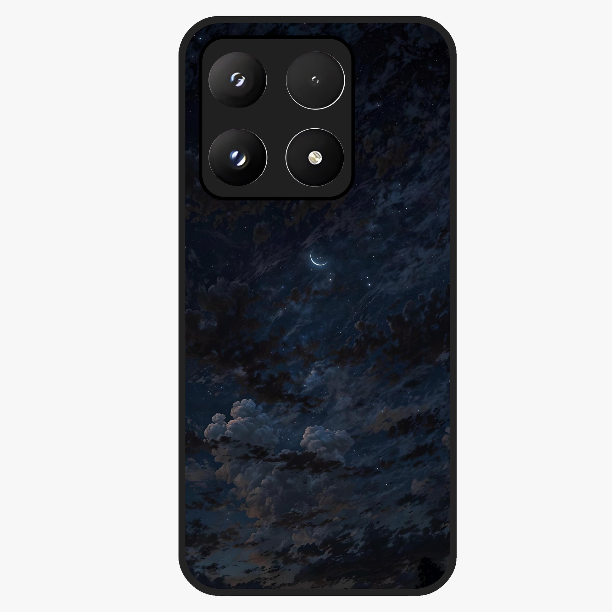 Lunar Veil Silence Glass Case showing flat back view with mystical moon veil artwork and glossy glass finish.
