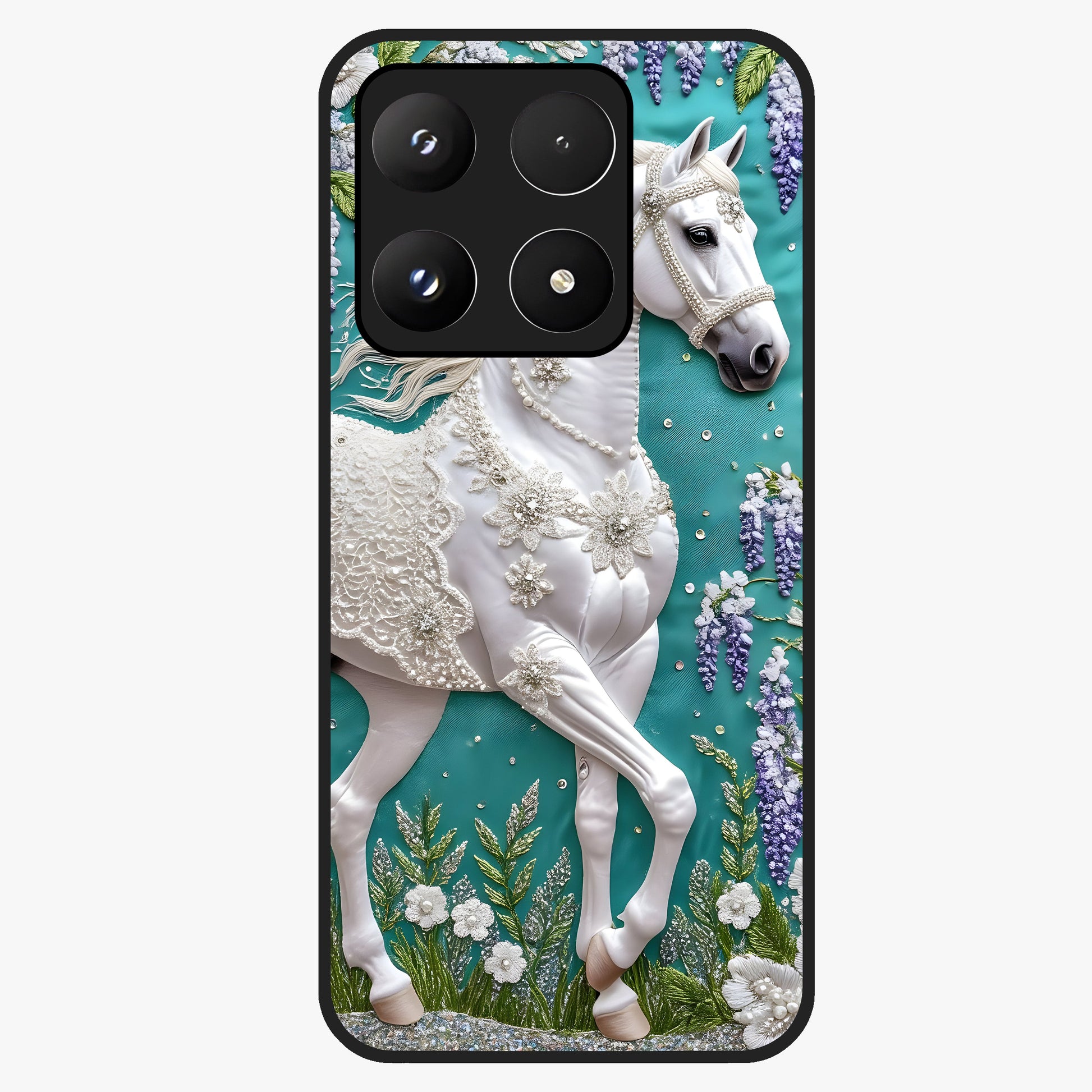 Majestic Floral Stallion Glass Case showing flat back view with powerful horse and floral artwork and glossy glass finish.