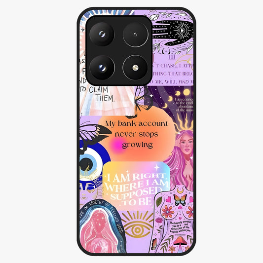 Manifestation Collage Glass Case showing flat back view with motivational collage artwork and glossy glass finish.