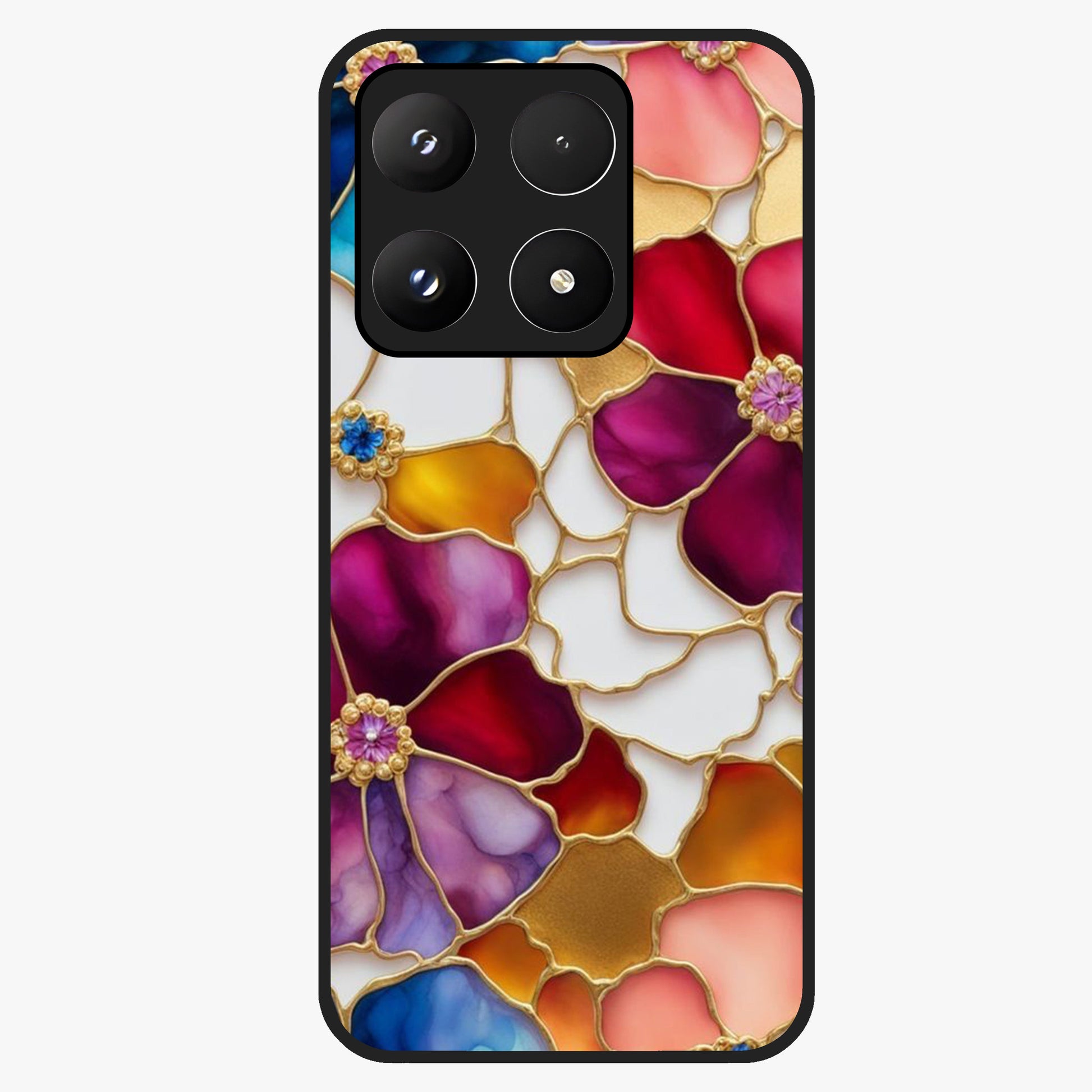 Marble Flower Pattern Glass Case showing flat back view with marble texture floral artwork and glossy glass finish.