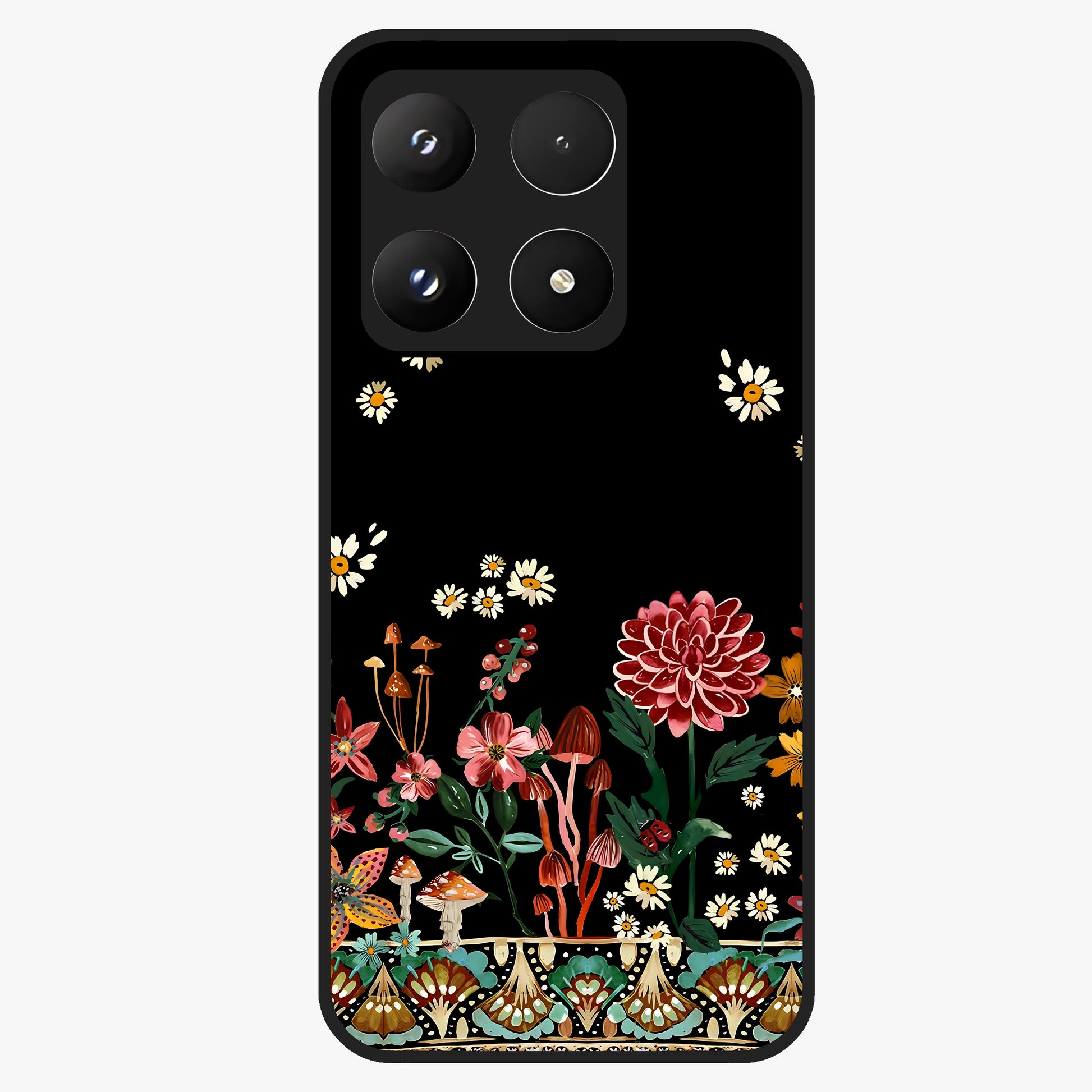 Midnight Bloom Pattern Glass Case showing flat back view with dark floral pattern artwork and glossy glass finish.
