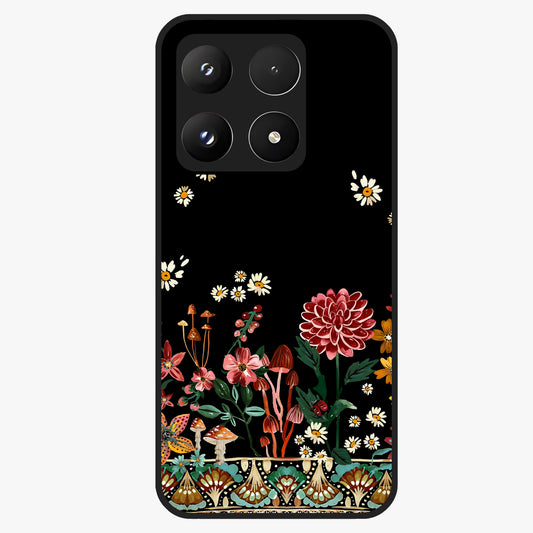 Midnight Bloom Pattern Glass Case showing flat back view with dark floral pattern artwork and glossy glass finish.