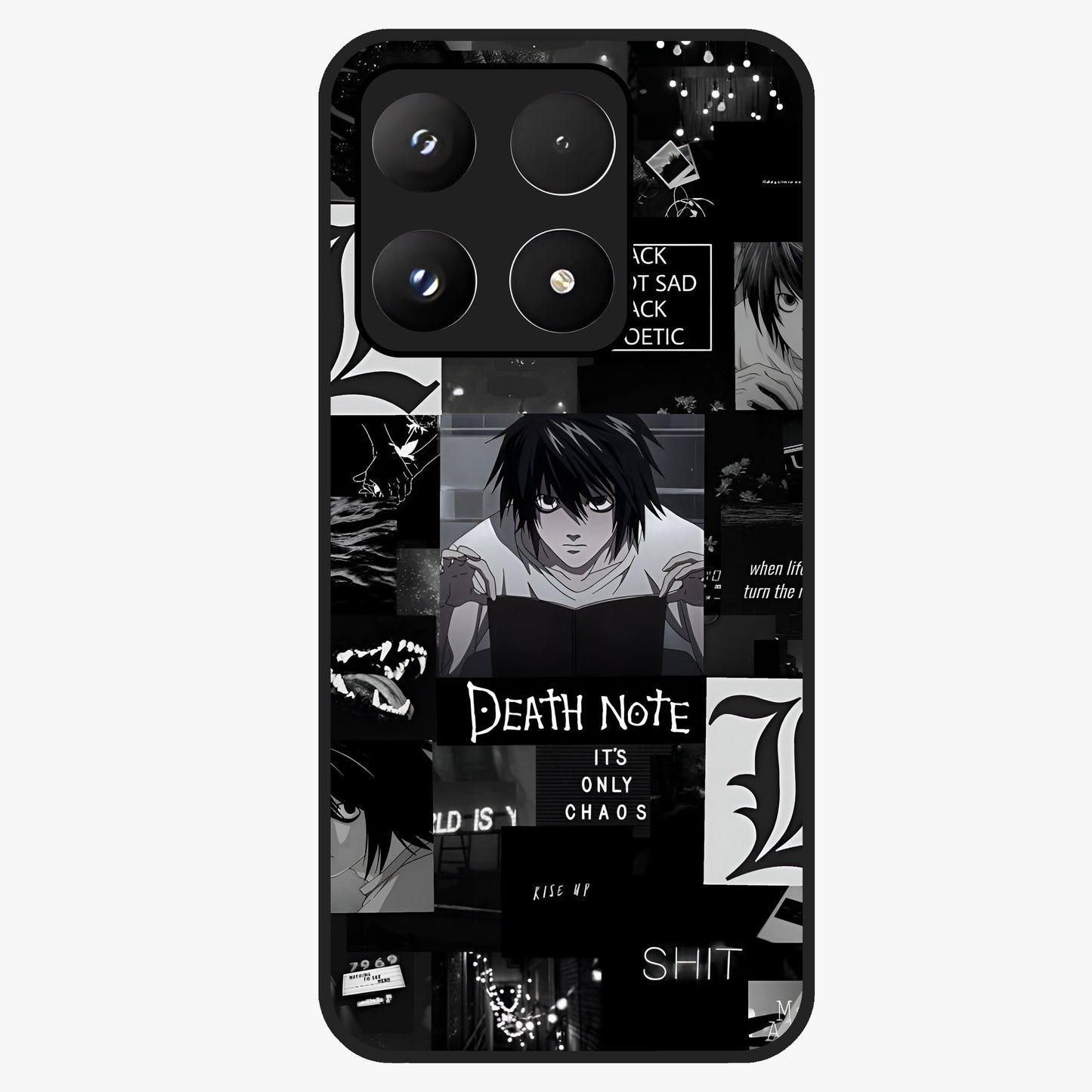 Midnight Chaos Mind Glass Case showing flat back view with abstract dark themed artwork and glossy glass finish.