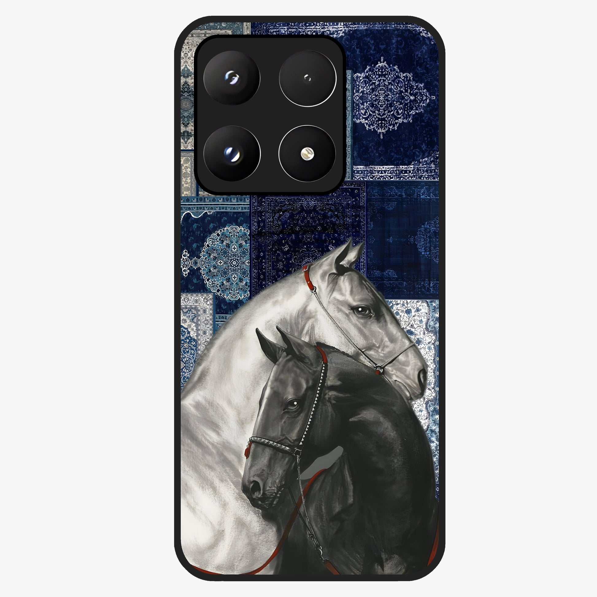 Midnight Stallion Blues Glass Case showing flat back view with majestic horse artwork and glossy glass finish.