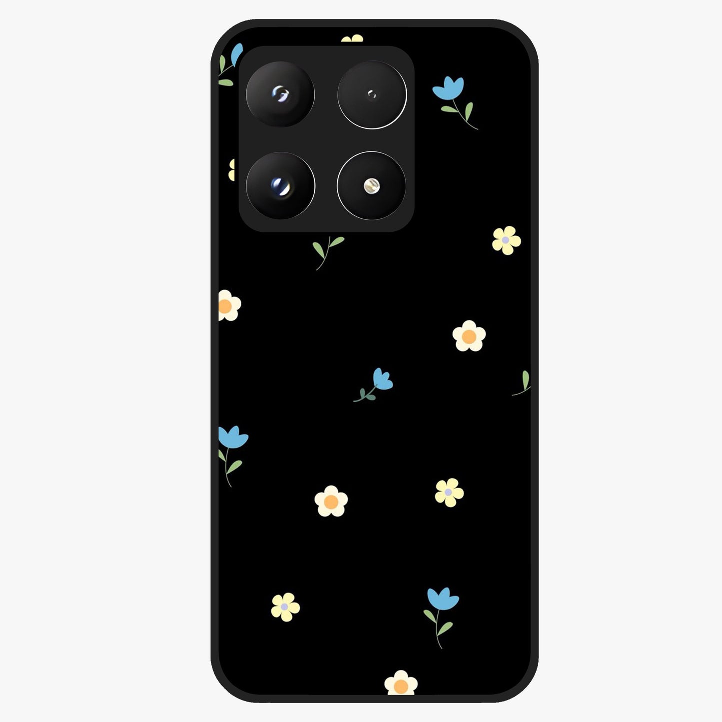 Minimalistic Blue With White Flower Pattern Glass Case showing flat back view with blue background and white flower pattern and glossy glass finish.